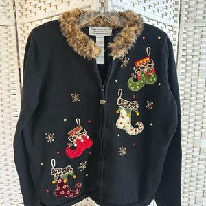 Black Christmas Zip Front Cardigan with Leopard Look Fluffy Collar.